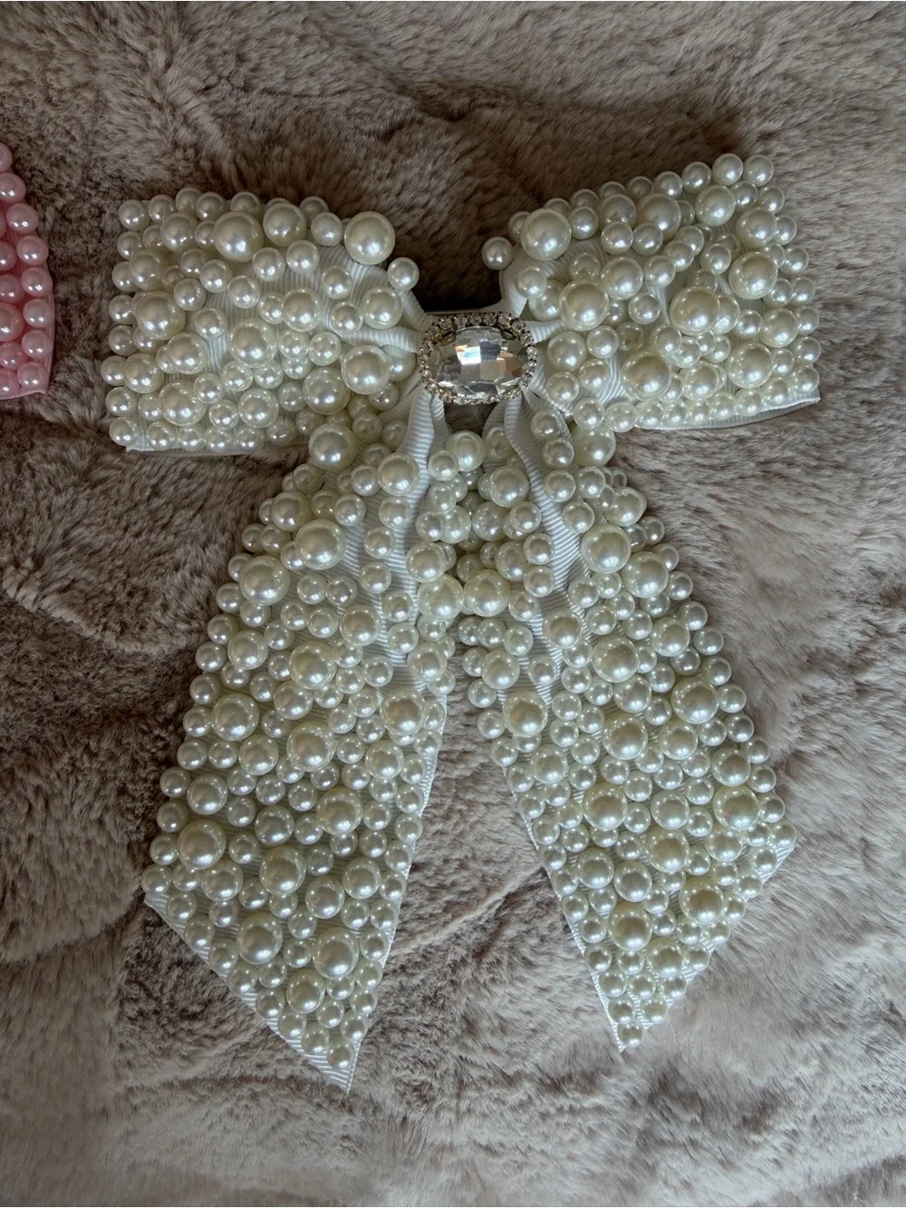 Pearl Bow Hair Clips - Pink and white set of two